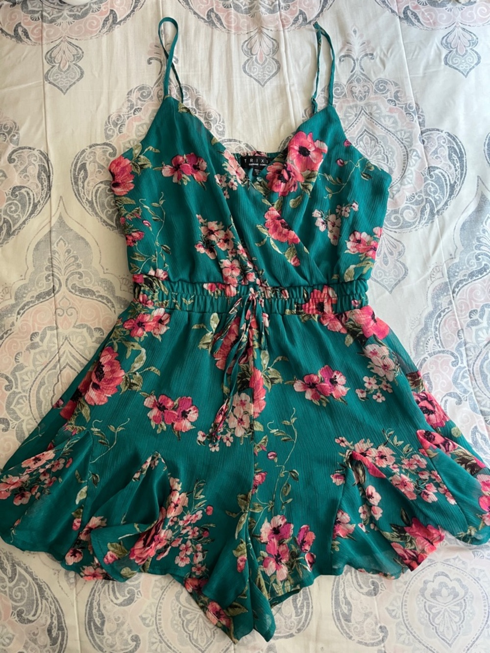 Trixxi Teal Floral V-Neck Cami Romper